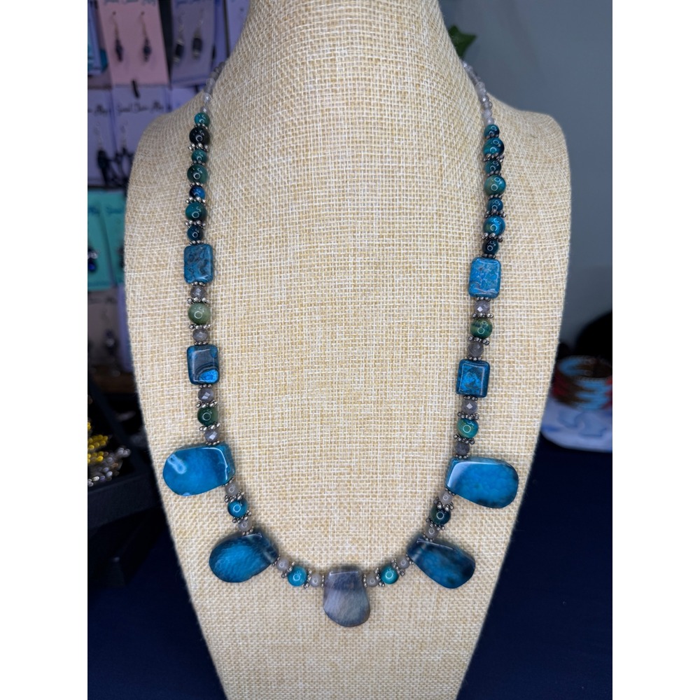Blue Agate Labradorite Beaded Statement Necklace Teal Silver Tone Artisan Clasp